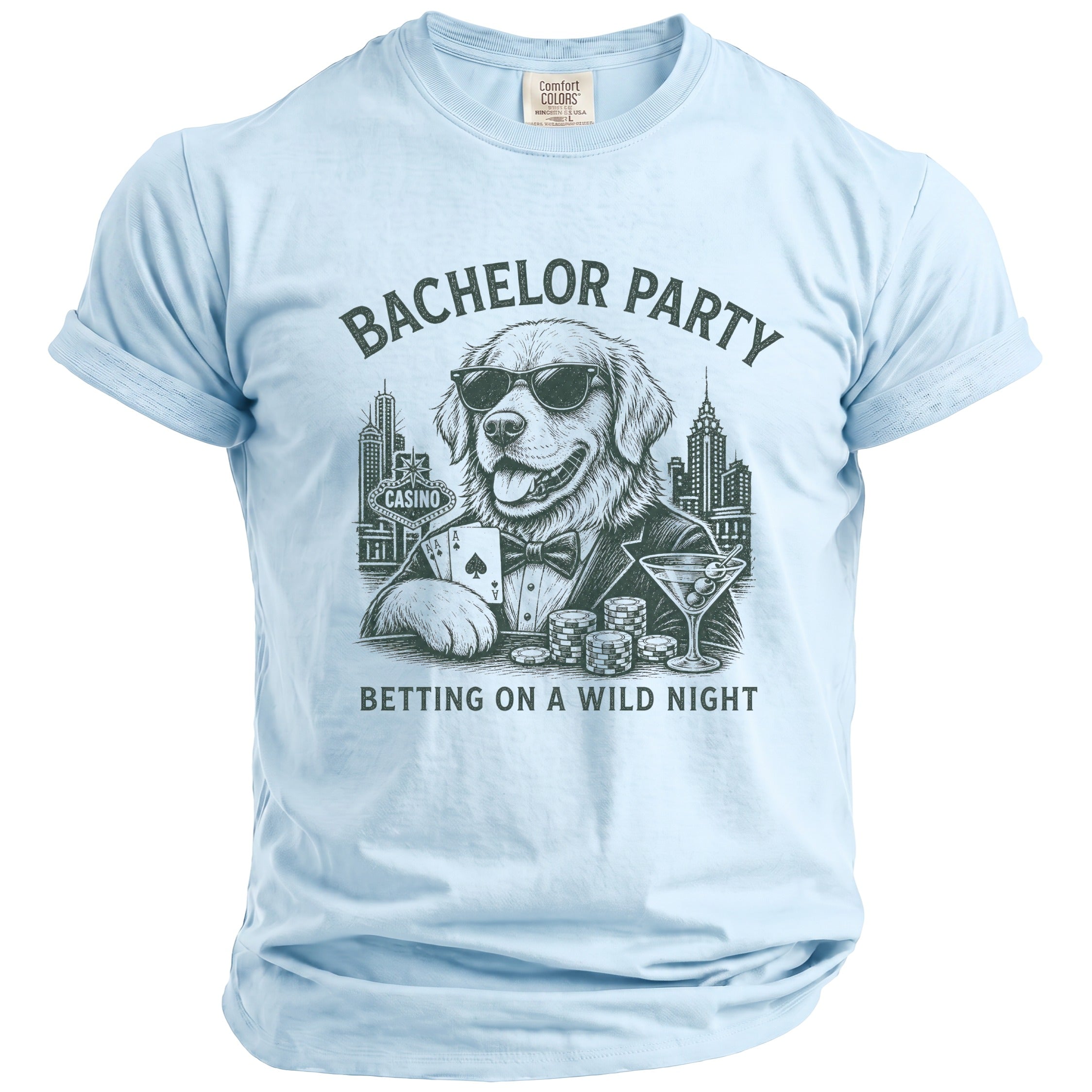 Light blue t-shirt with "BACHELOR PARTY BETTING ON A WILD NIGHT" text and dog graphic.