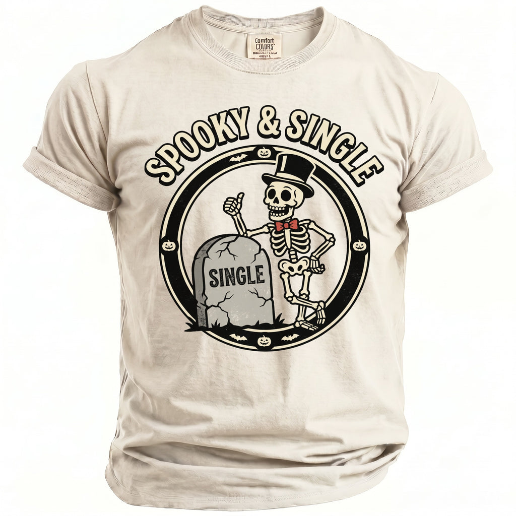 Cream t-shirt with skeleton, tombstone reading "SINGLE", and "SPOOKY & SINGLE" text.