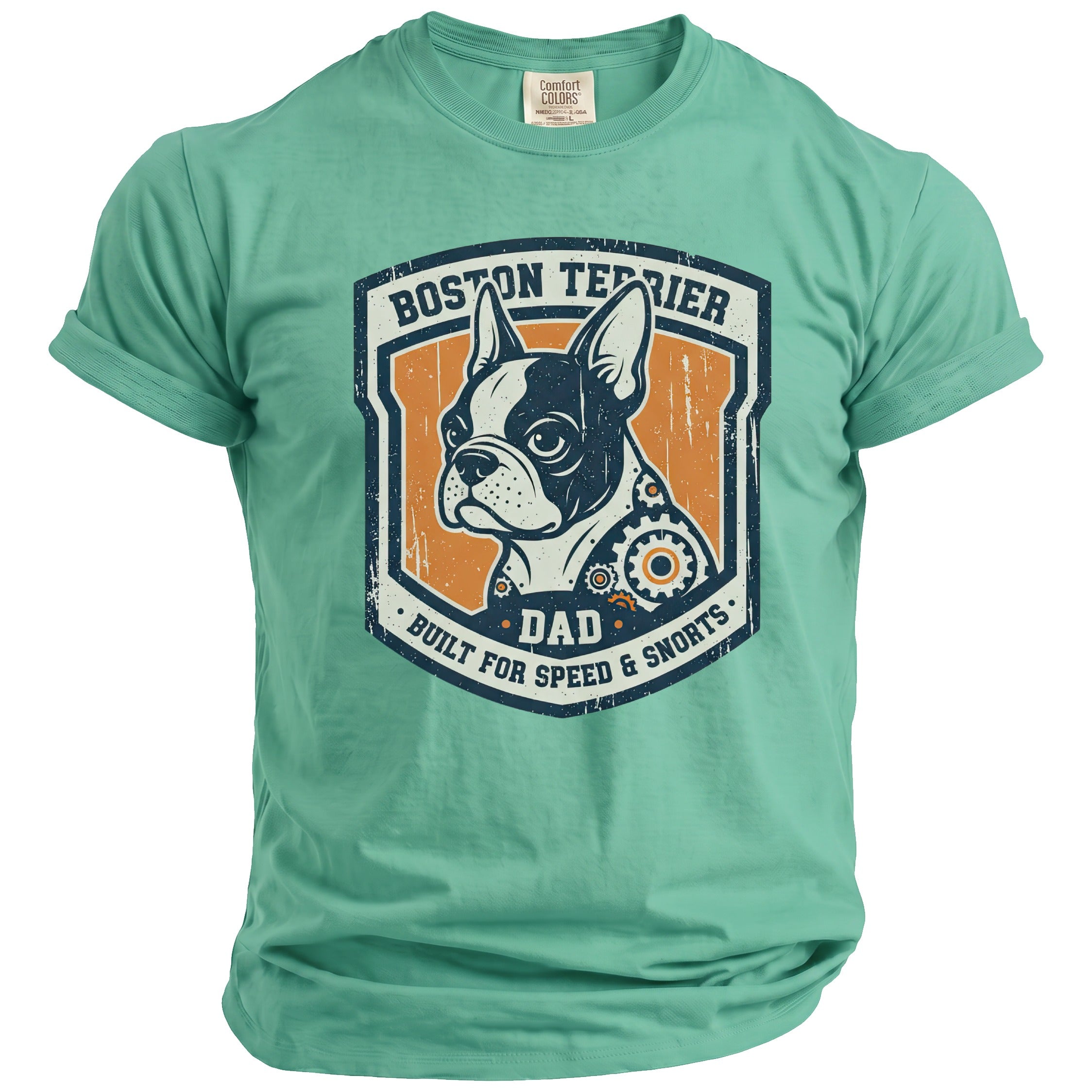 Green t-shirt with Boston Terrier "Dad Built for Speed & Snorts" graphic.