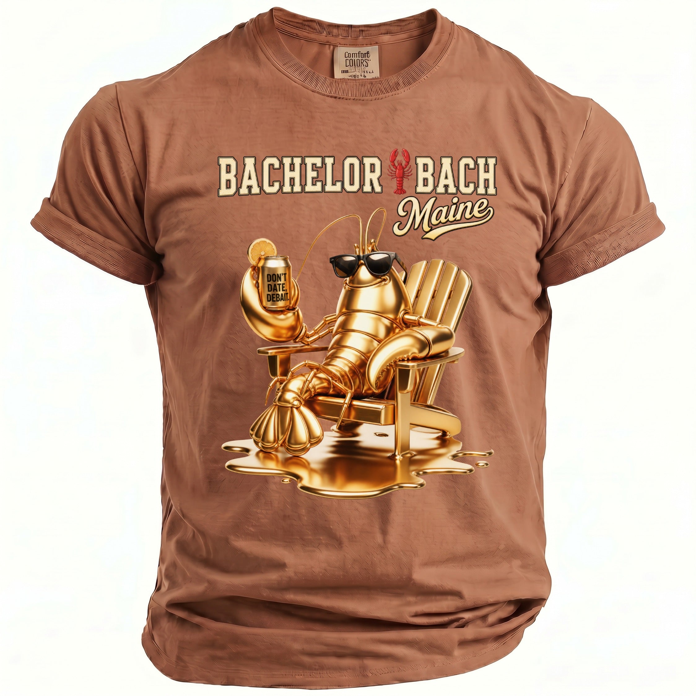 T-shirt with "Bachelor Bach Maine" text and a golden lobster holding a can.