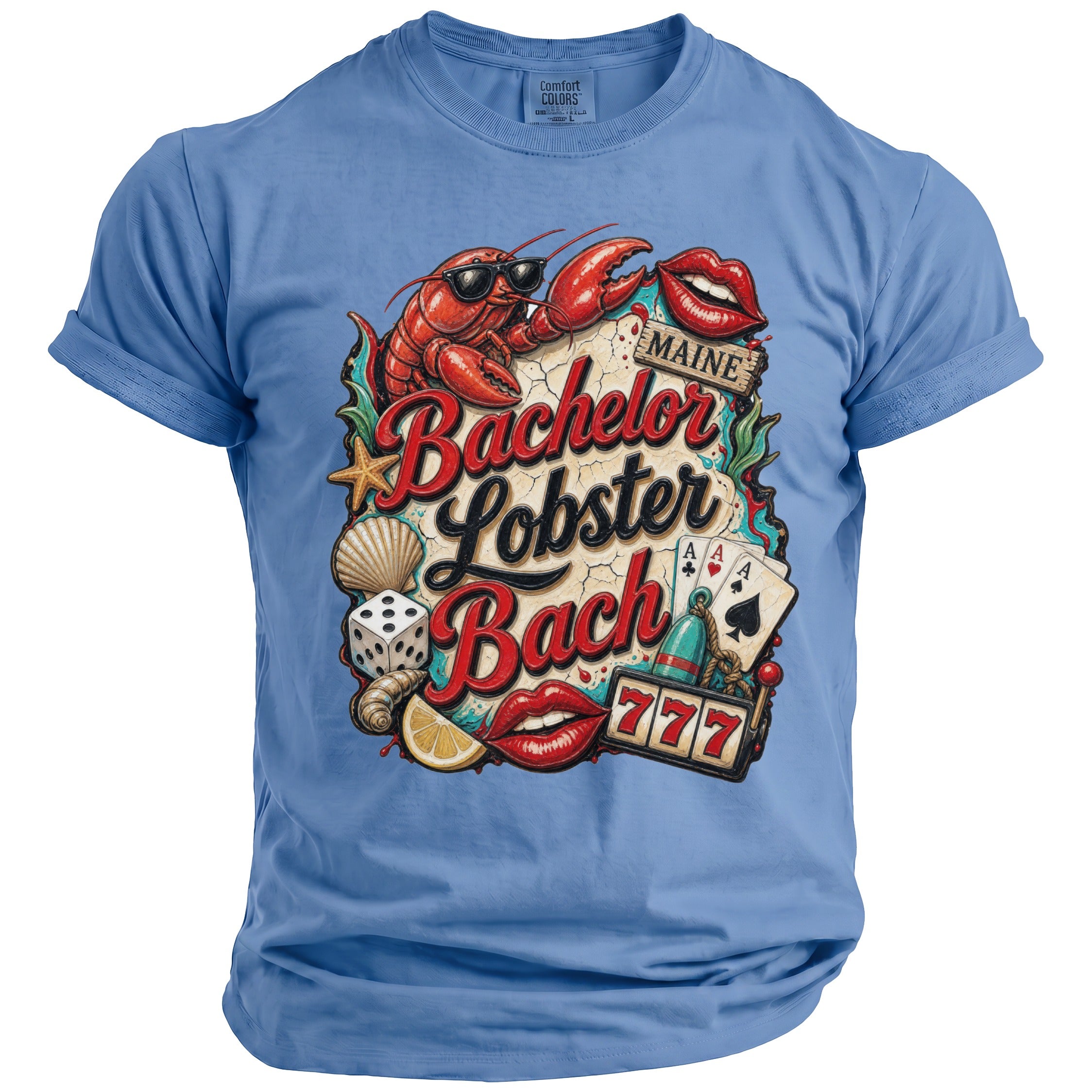 Blue t-shirt with "Bachelor Lobster Bach" graphic and Maine text.