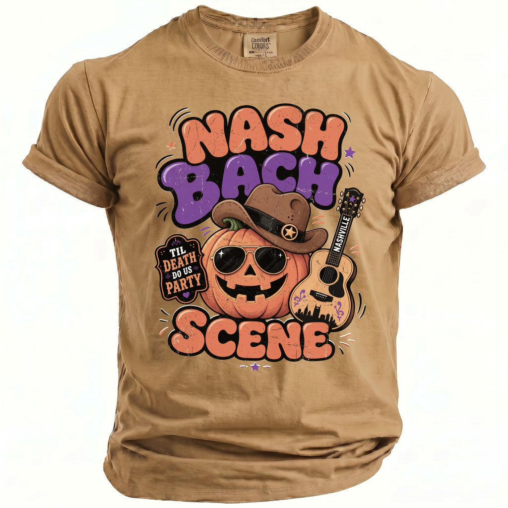 T-shirt with "Nash Bach Scene" text, pumpkin wearing cowboy hat, glasses and guitar.