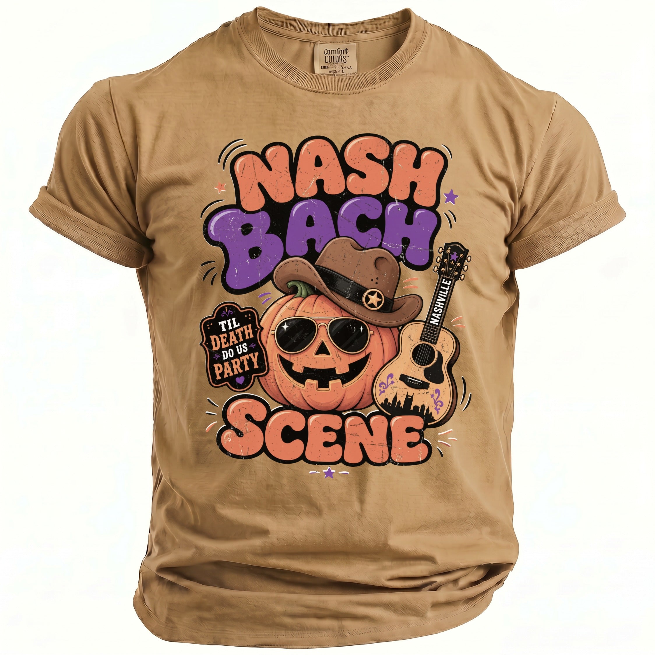 T-shirt with "Nash Bach Scene" text, pumpkin wearing cowboy hat, glasses and guitar.