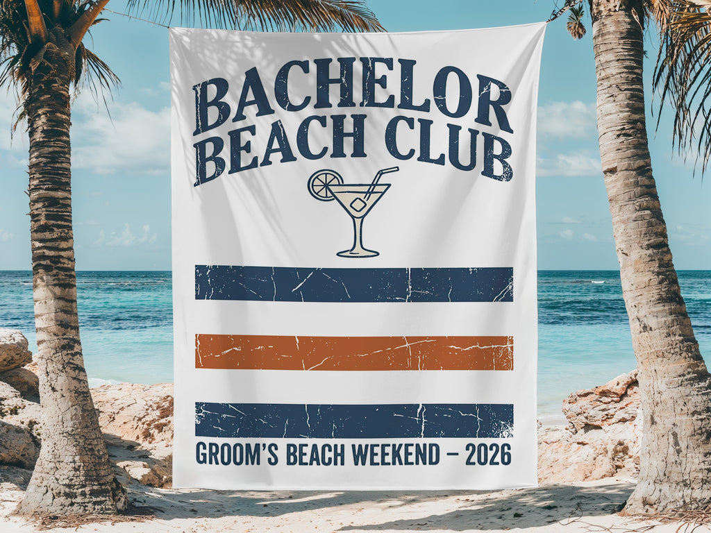 Bachelor Beach Club banner with martini, stripes, and "Groom's Beach Weekend - 2026".