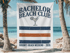 Bachelor Beach Club banner with martini, stripes, and "Groom's Beach Weekend - 2026".