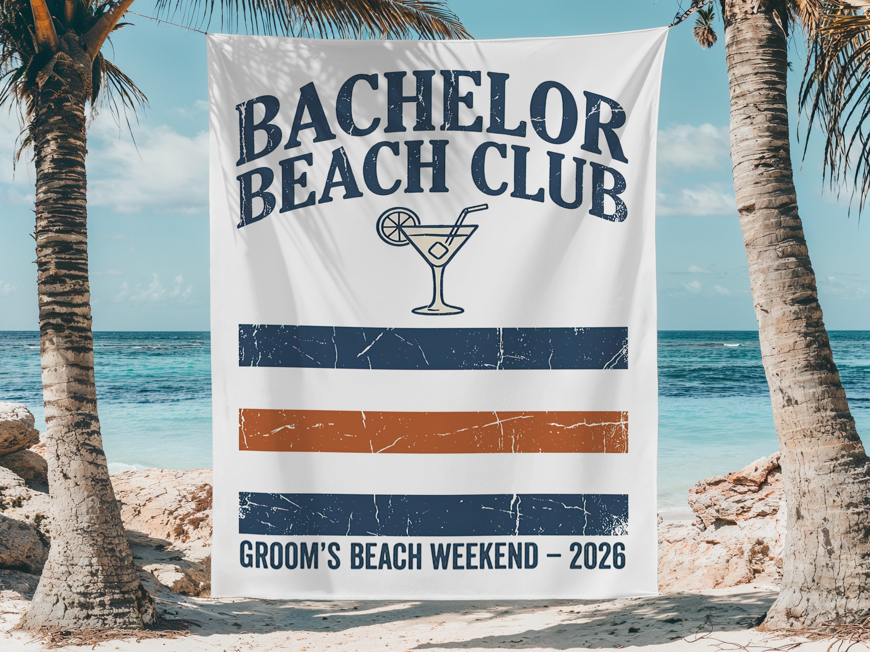 Bachelor Beach Club banner with martini, stripes, and "Groom's Beach Weekend - 2026".