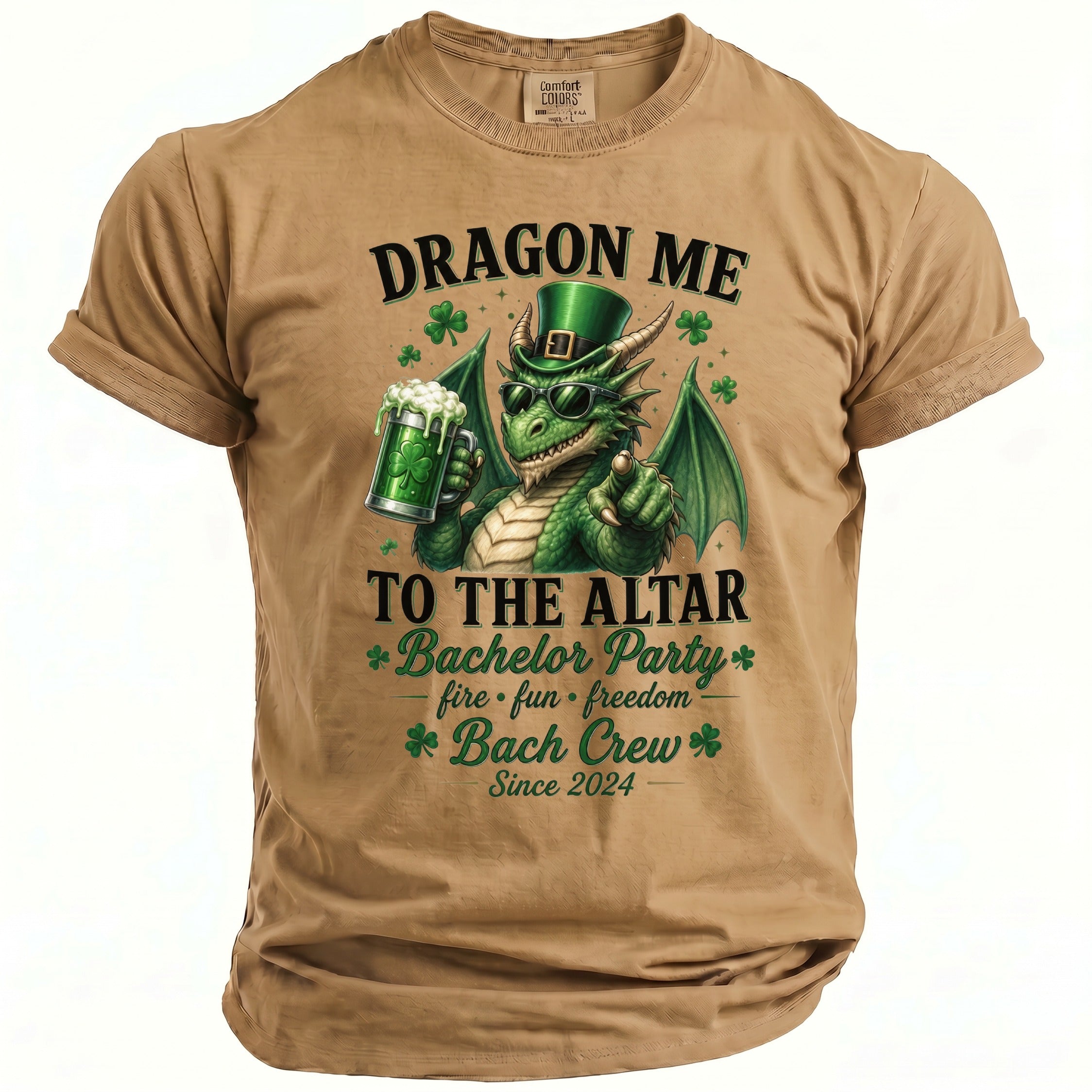 Tan t-shirt with a green dragon, beer mug, and St. Patrick's Day text.