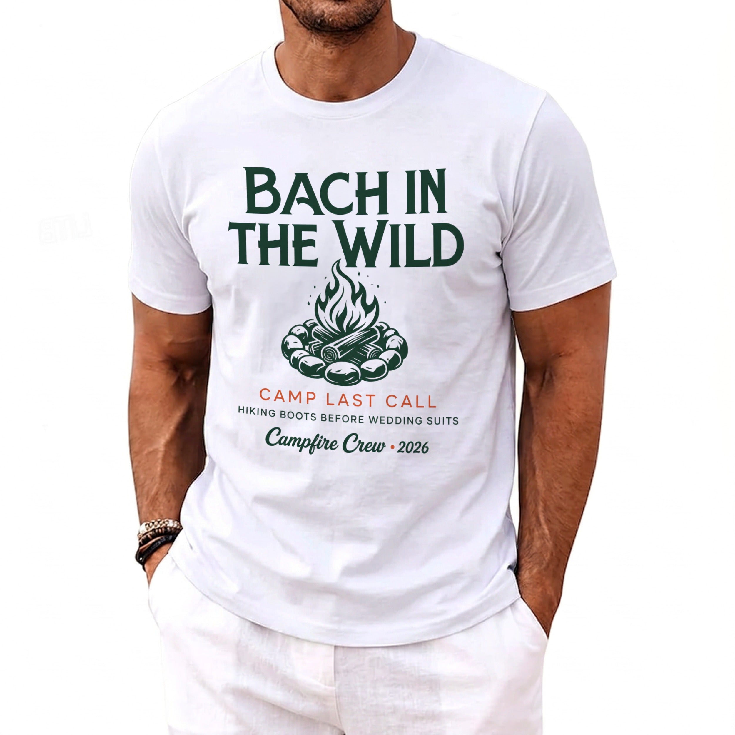 White t-shirt with "Bach In The Wild" and campfire graphic.
