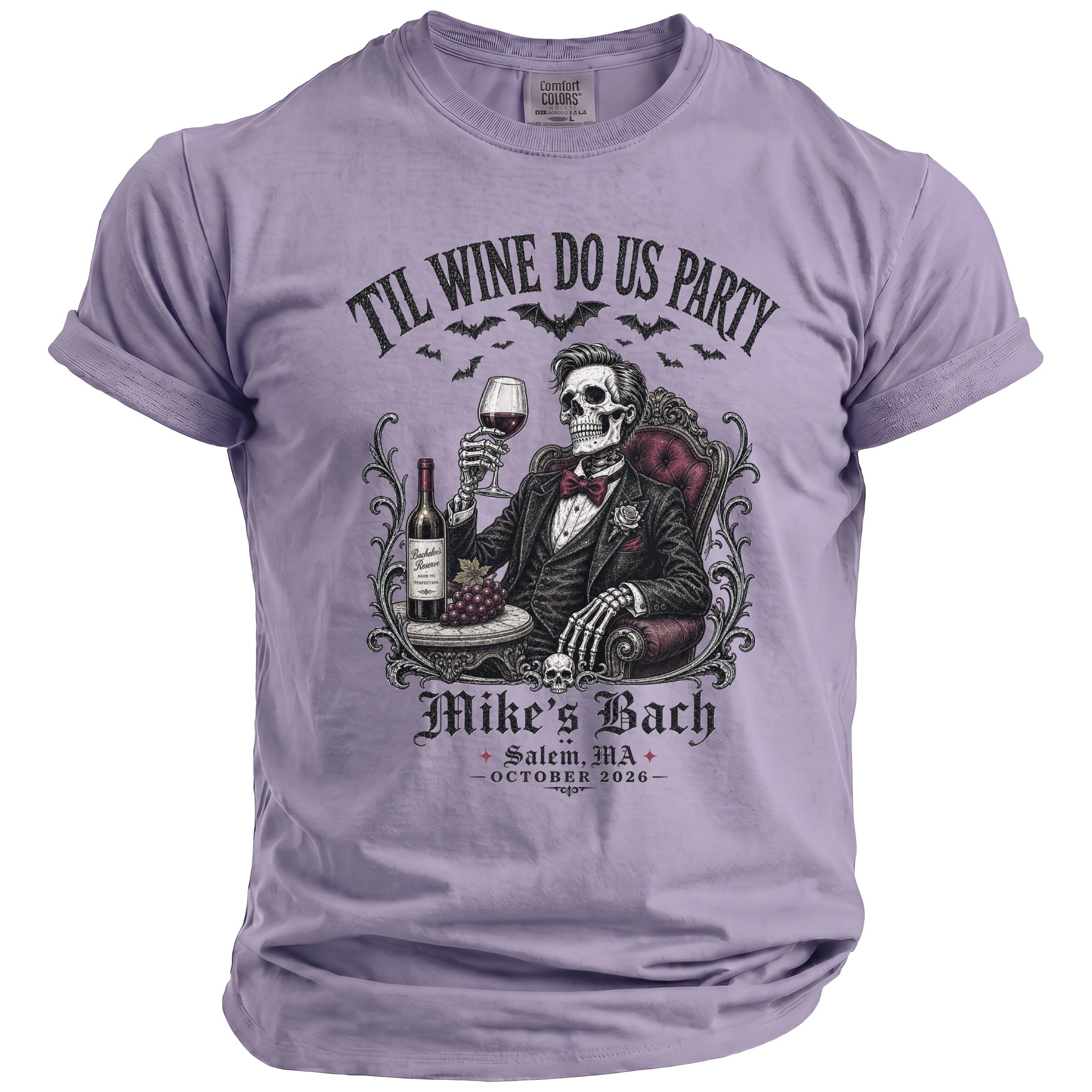 Skeleton in suit holding wine, with text "Til Wine Do Us Party" and "Mike's Bach".