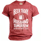 Red t-shirt with "Beer Today Husband Tomorrow" and "Bachelor Party 2026" text.