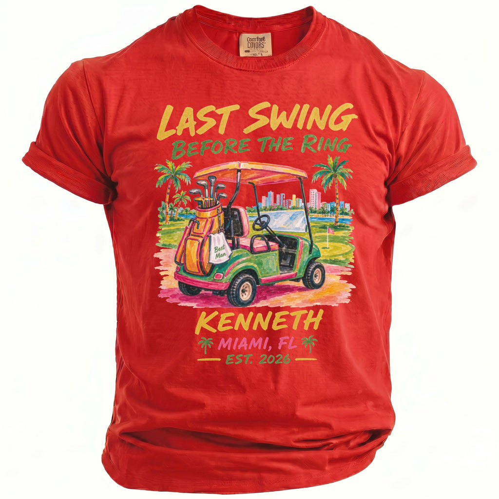 Red t-shirt with "Last Swing Before the Ring" graphic and text "Kenneth Miami, FL Est. 2026".