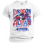 White t-shirt with a dragon in a suit holding a cup, reading "Dragon Me To The Altar".