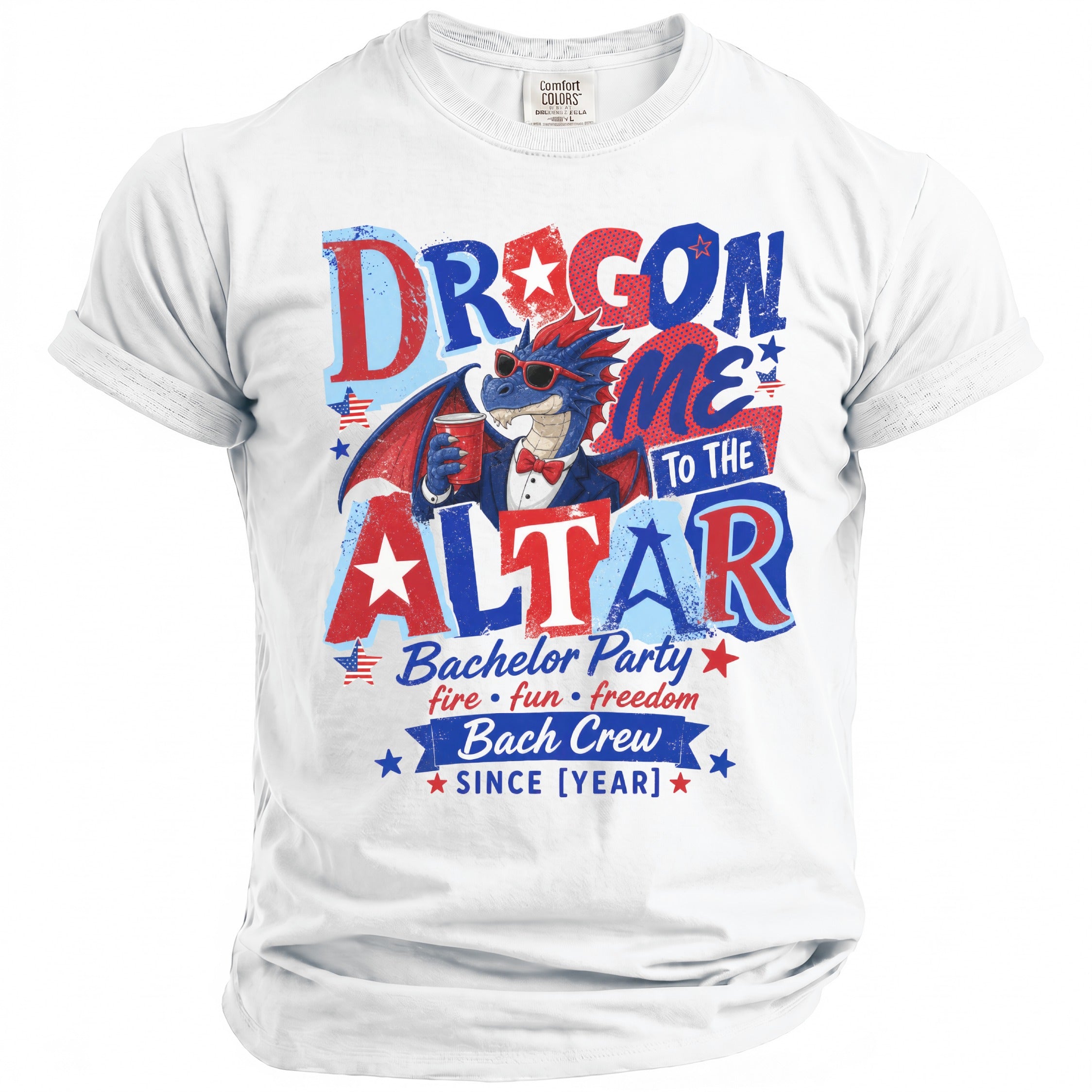 White t-shirt with a dragon in a suit holding a cup, reading "Dragon Me To The Altar".