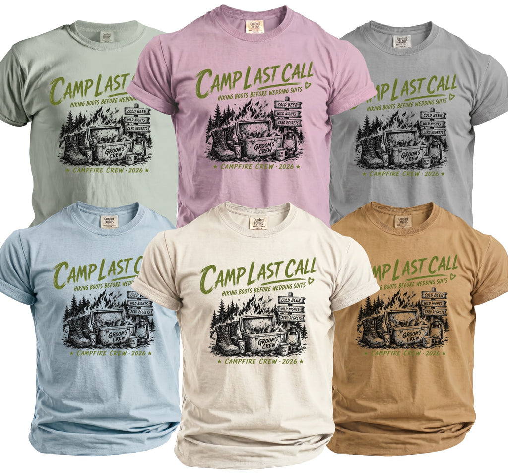 T-shirts with "Camp Last Call" graphic featuring camping gear and text.