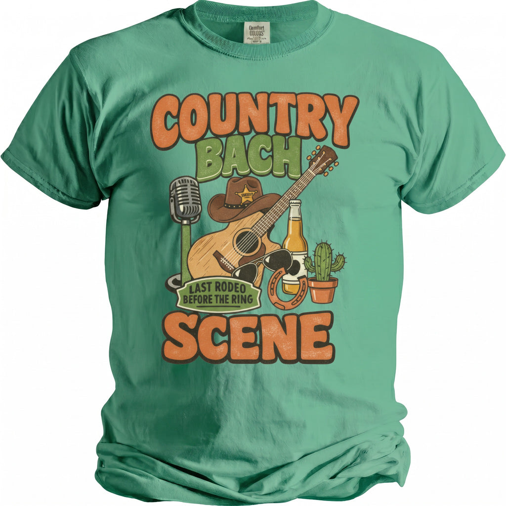 Country Bach Last Rodeo Before the Ring Scene graphic on a teal t-shirt.