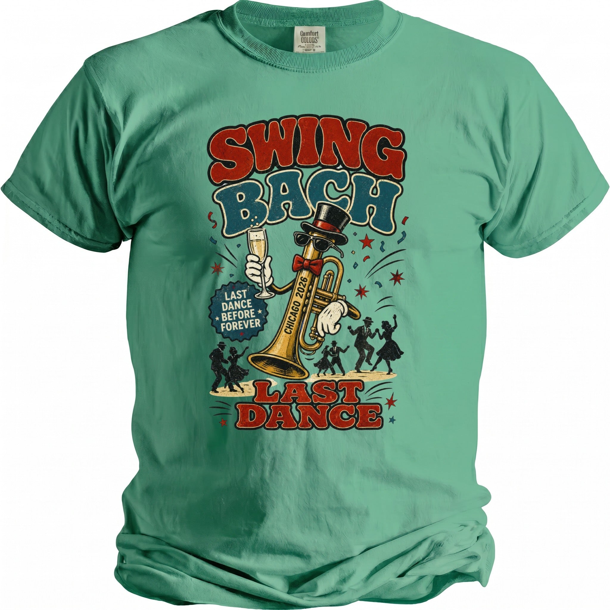 T-shirt with "Swing Bach Last Dance Before Forever Chicago 2026" graphic.