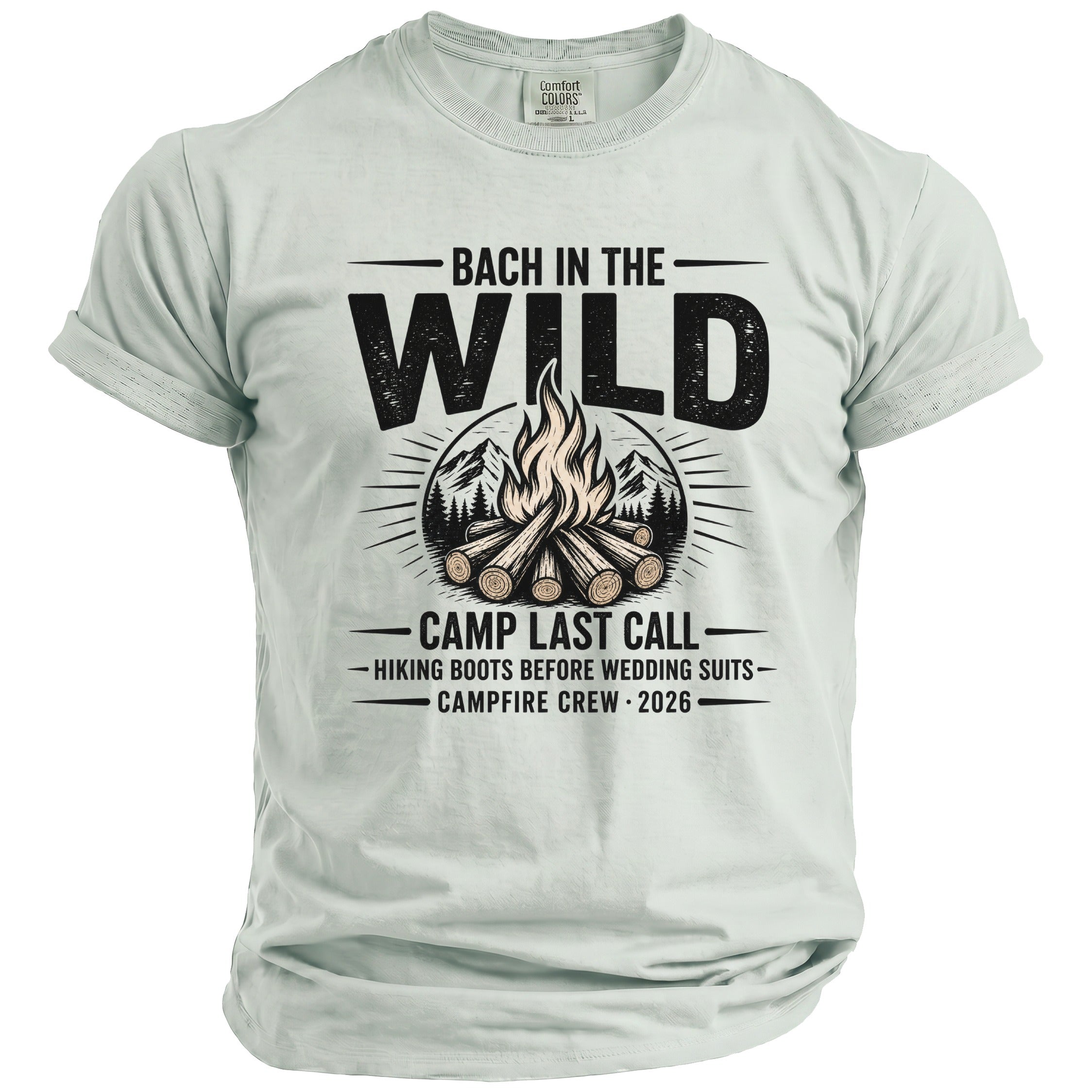 Light green t-shirt with campfire graphic and text "Bach in the Wild".