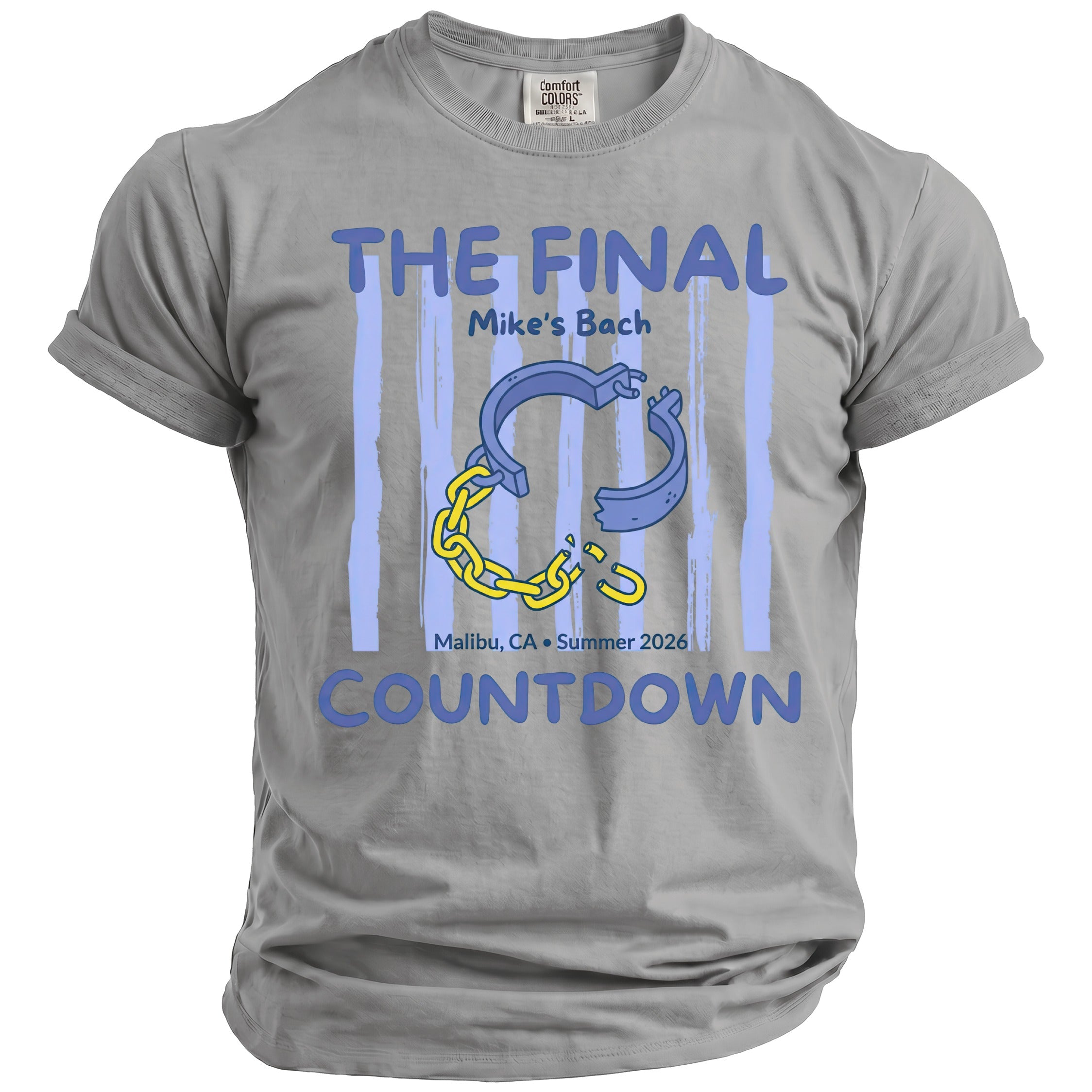 Grey t-shirt with "The Final Countdown" text and broken shackles.