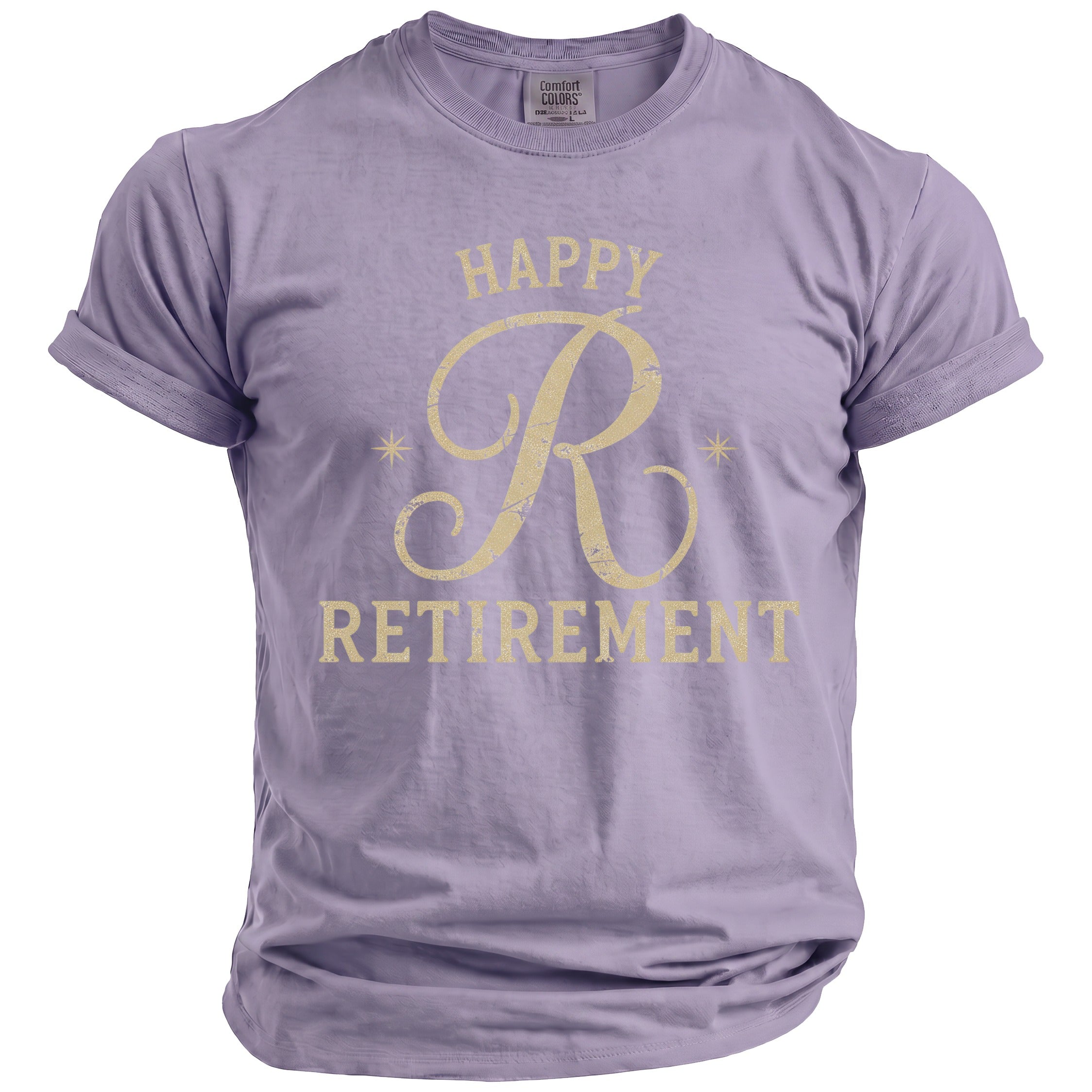 Purple t-shirt with gold text "Happy Retirement" and a large R.