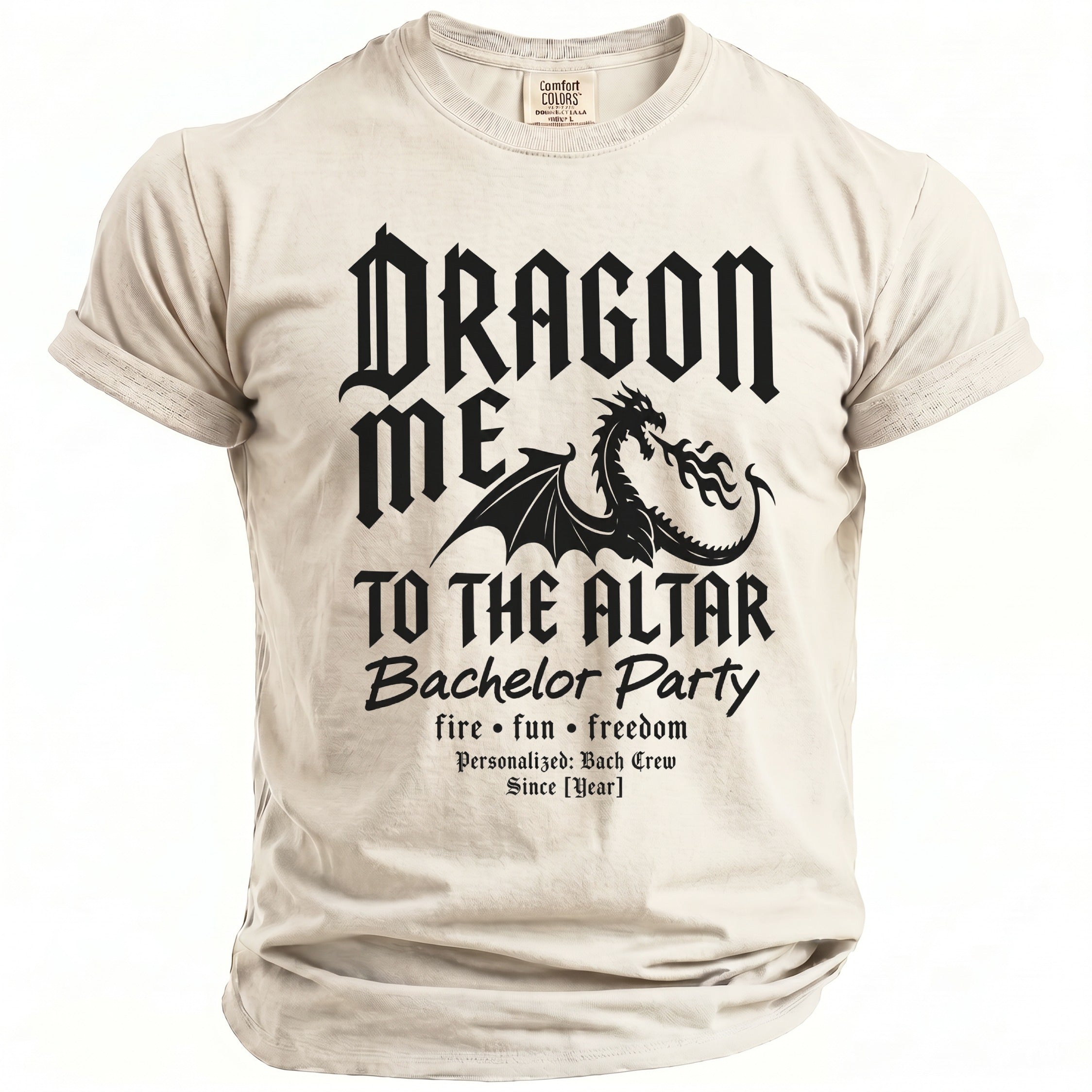 T-shirt with "DRAGON ME TO THE ALTAR" and dragon graphic.