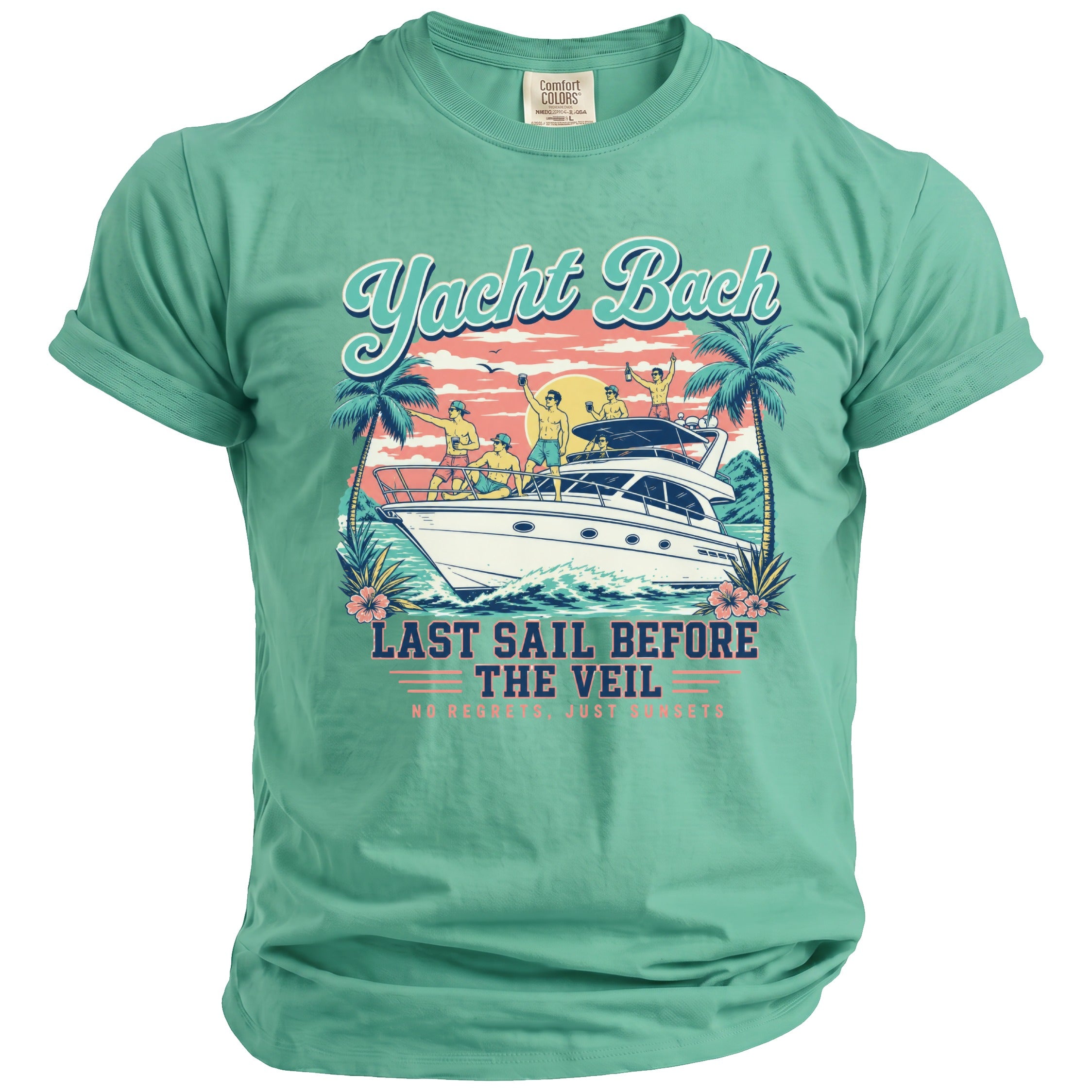 Mint green t-shirt featuring a graphic print of a yacht, palm trees, and text reading Yacht Bach and Last Sail Before The Veil.