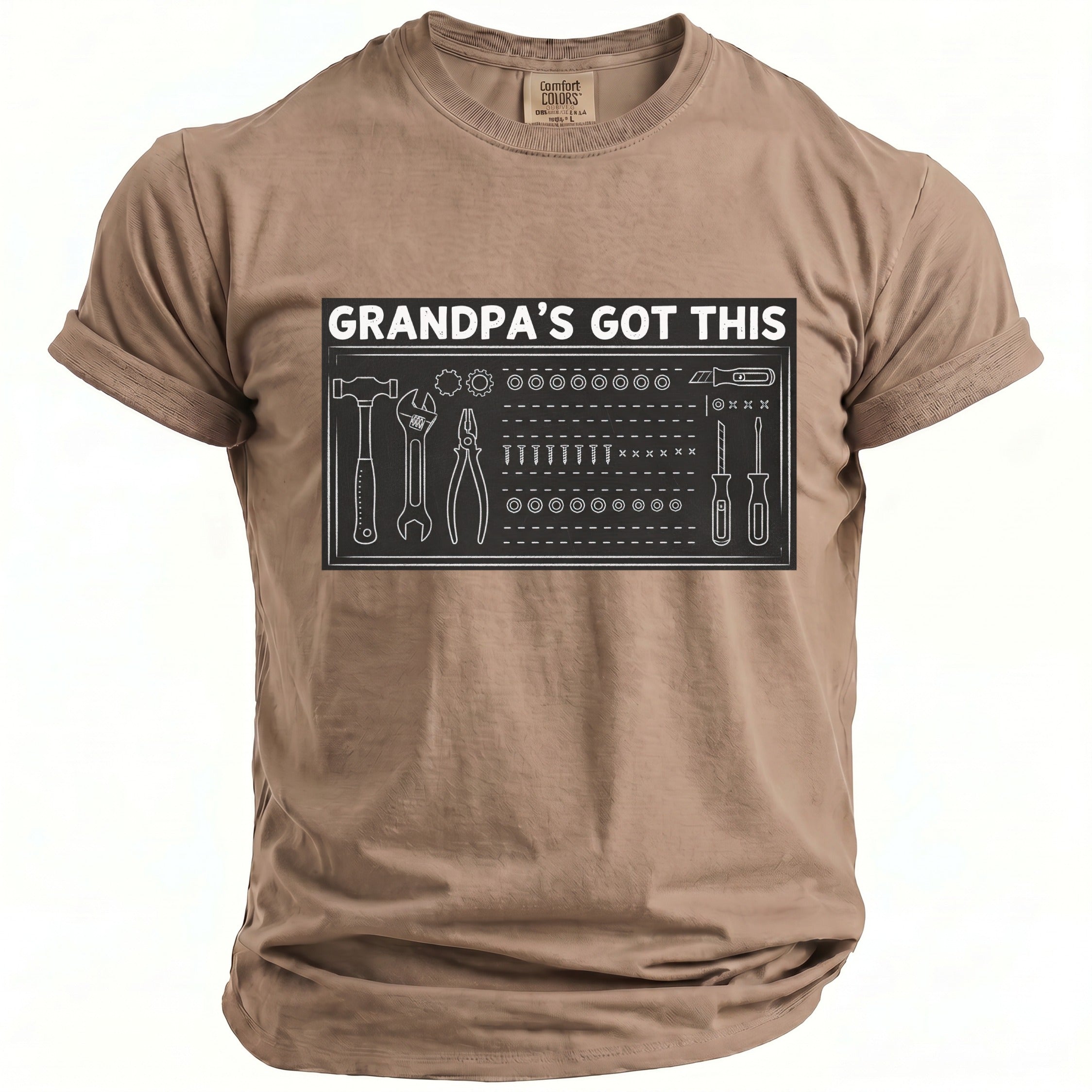 Brown t-shirt with "GRANDPA'S GOT THIS" and a tool outline graphic.
