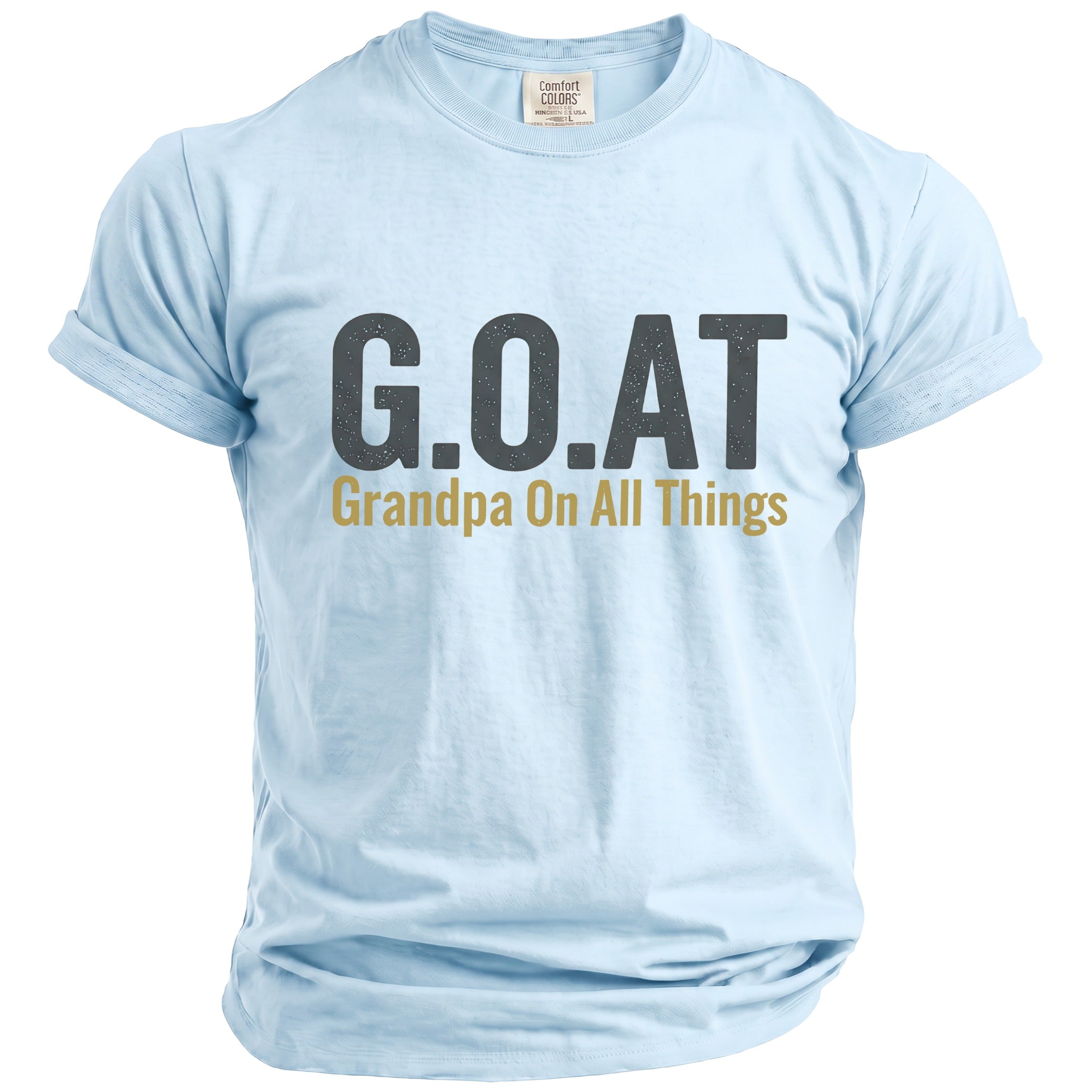 Light blue t-shirt with "G.O.A.T Grandpa On All Things" text.