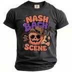Dark gray t-shirt with a graphic of a pumpkin wearing sunglasses and a cowboy hat, with "NASH BACH SCENE" text.