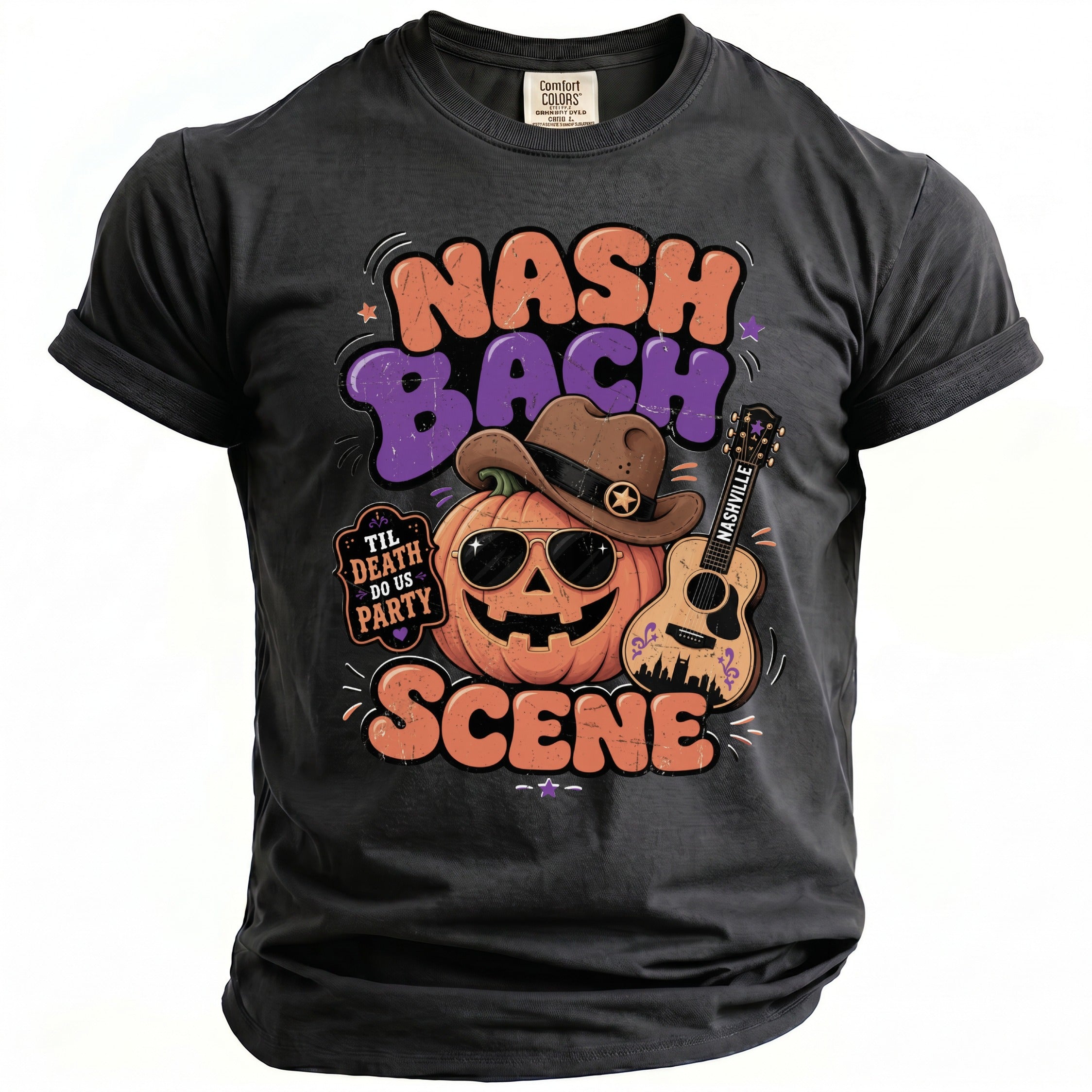 Dark gray t-shirt with a graphic of a pumpkin wearing sunglasses and a cowboy hat, with "NASH BACH SCENE" text.