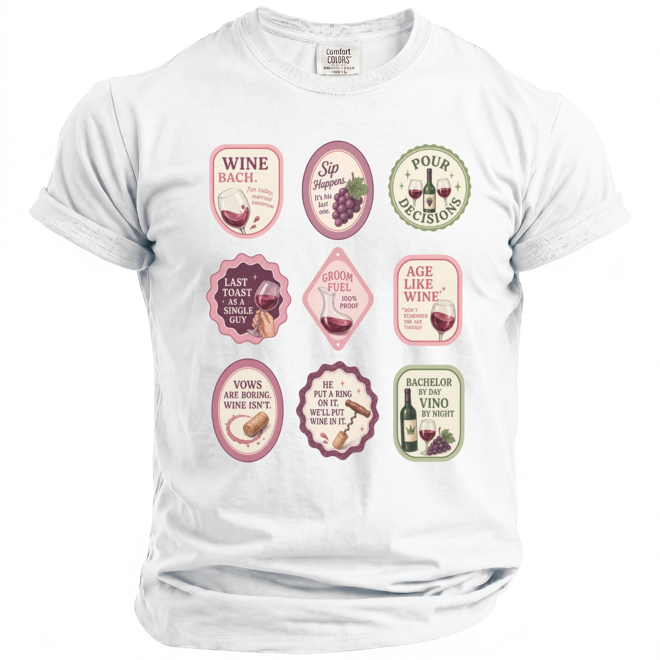 White t-shirt with nine wine-themed graphic badges including "Wine Bach," "Sip Happens," and "Bachelor by Day, Vino by Night."