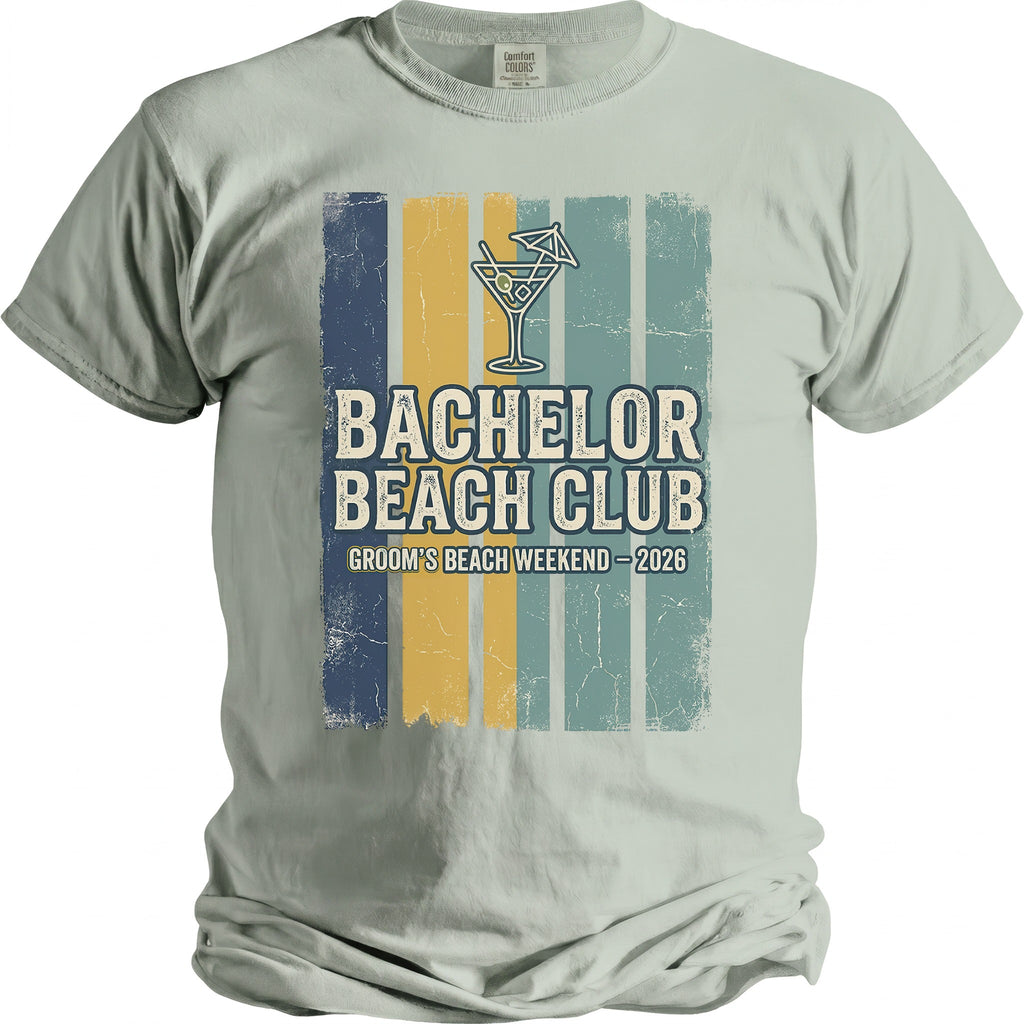 T-shirt with "Bachelor Beach Club Groom's Beach Weekend - 2026" text and cocktail graphic.
