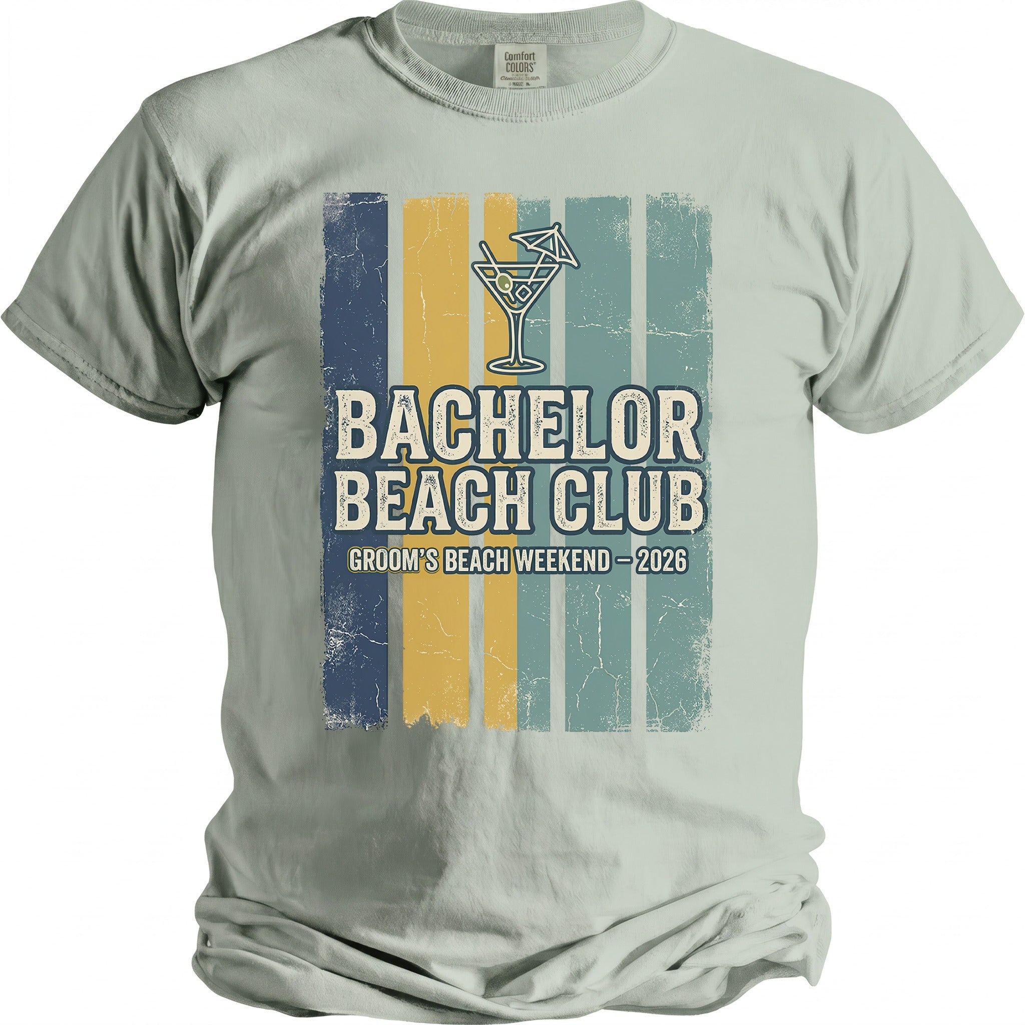 T-shirt with "Bachelor Beach Club Groom's Beach Weekend - 2026" text and cocktail graphic.