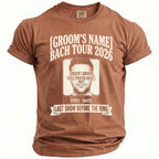 Brown t-shirt with "Groom's Name Bach Tour 2026" and customizable photo area.