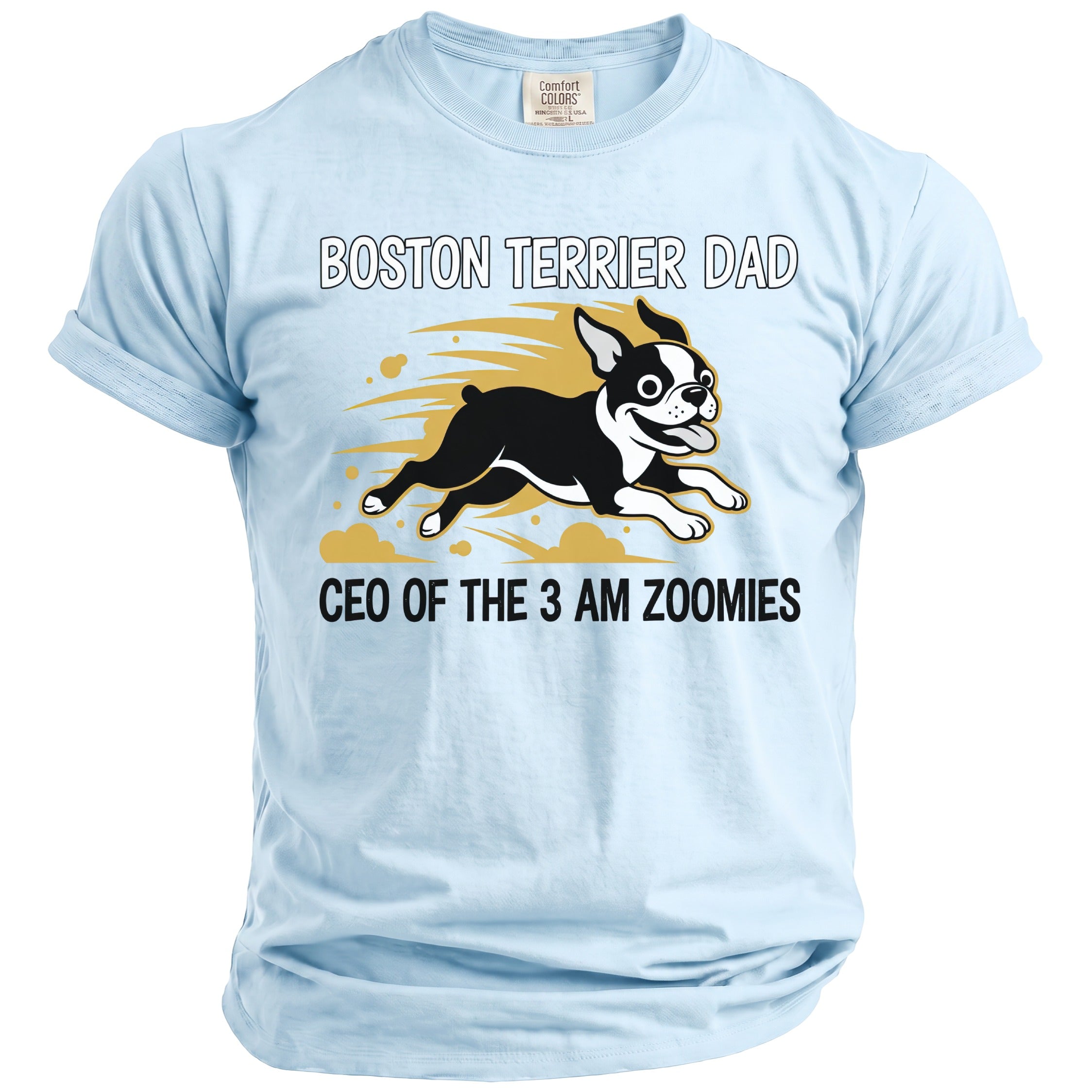 Light blue t-shirt with Boston Terrier Dad design and text.