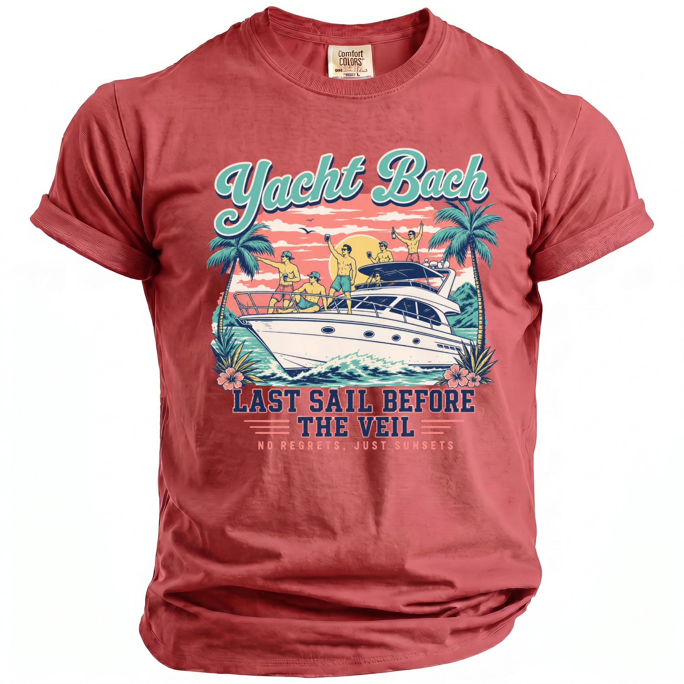 A red crewneck t-shirt with a vintage graphic of men on a yacht at sunset, featuring the text Yacht Bach Last Sail Before The Veil.