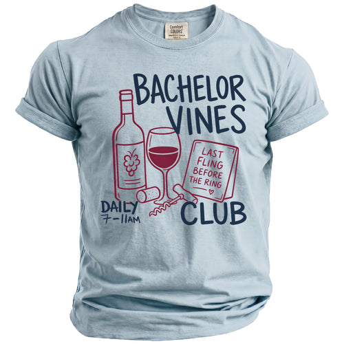 Light blue t-shirt with "Bachelor Vines Club" graphic and wine theme.
