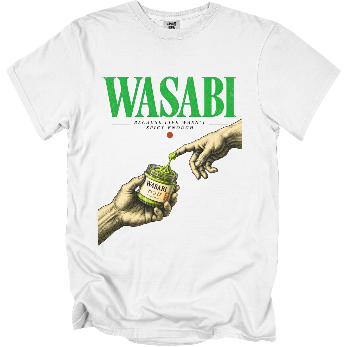 White t-shirt with green "WASABI" text and graphic of hands with wasabi jar.