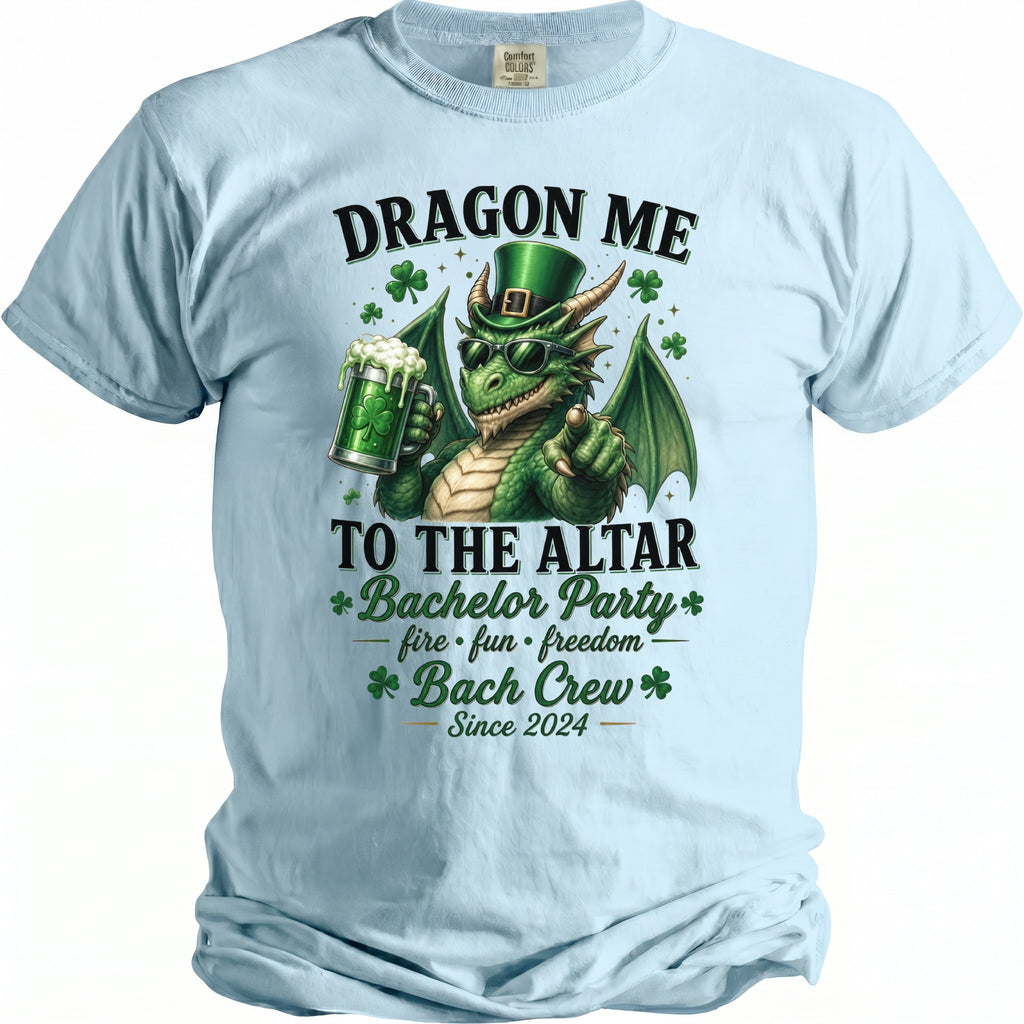 Dragon holding beer mug, wearing hat, with text "Dragon Me To The Altar Bachelor Party".