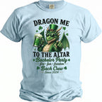 Dragon holding beer mug, wearing hat, with text "Dragon Me To The Altar Bachelor Party".
