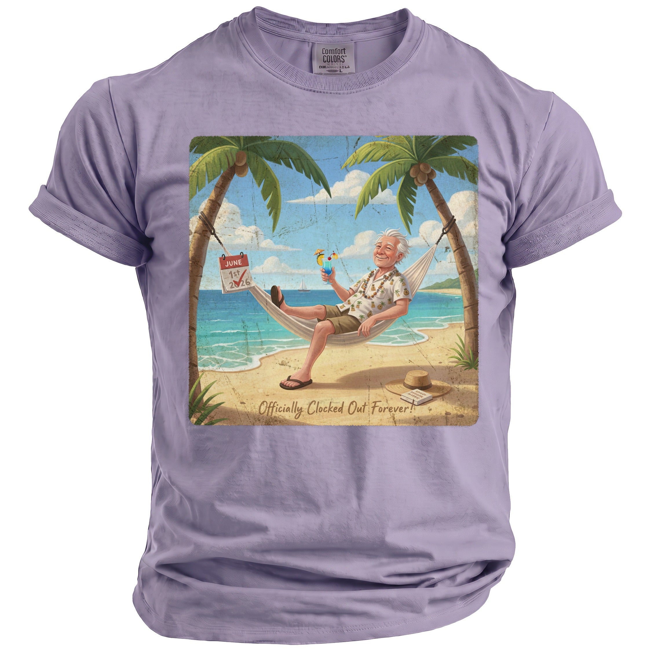 Man relaxing in hammock on beach with cocktail and calendar dated June 1st, 2026.