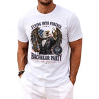 White T-shirt with eagle in suit for "Bachelor Party" and "Flying Into Forever."