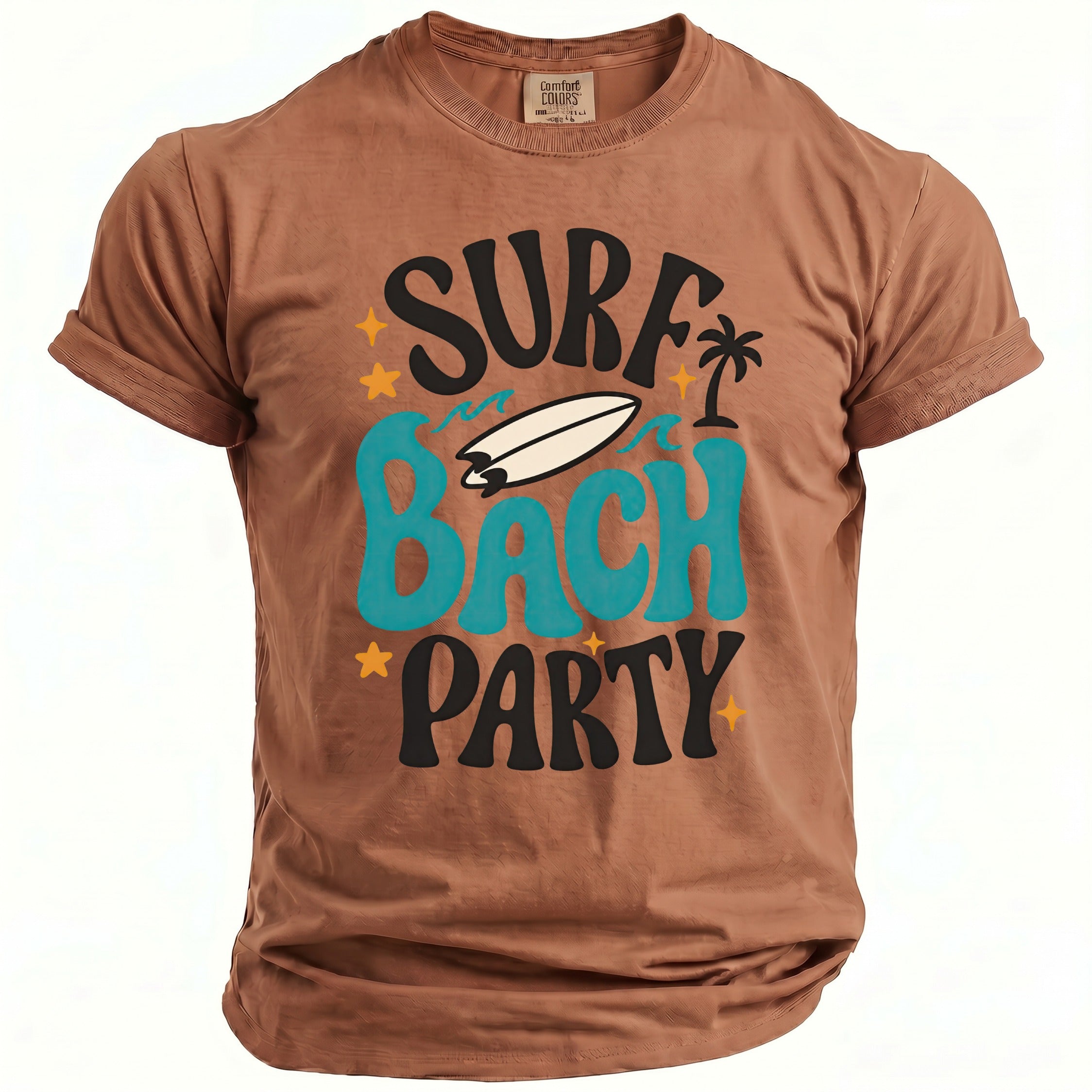 Brown t-shirt with "Surf Bach Party" graphic and a surfboard.