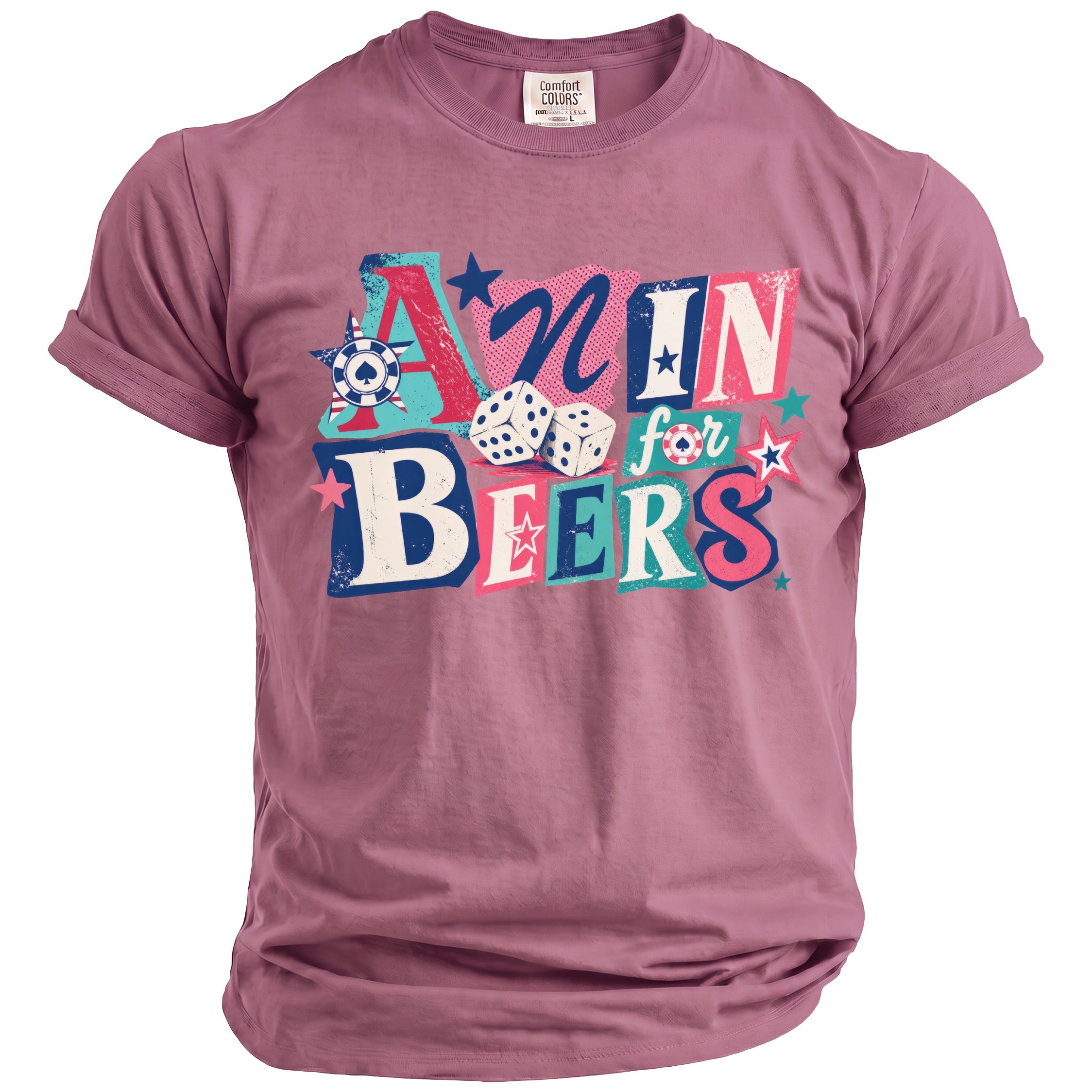 T-shirt with text "Any for Beers" and gambling graphics.