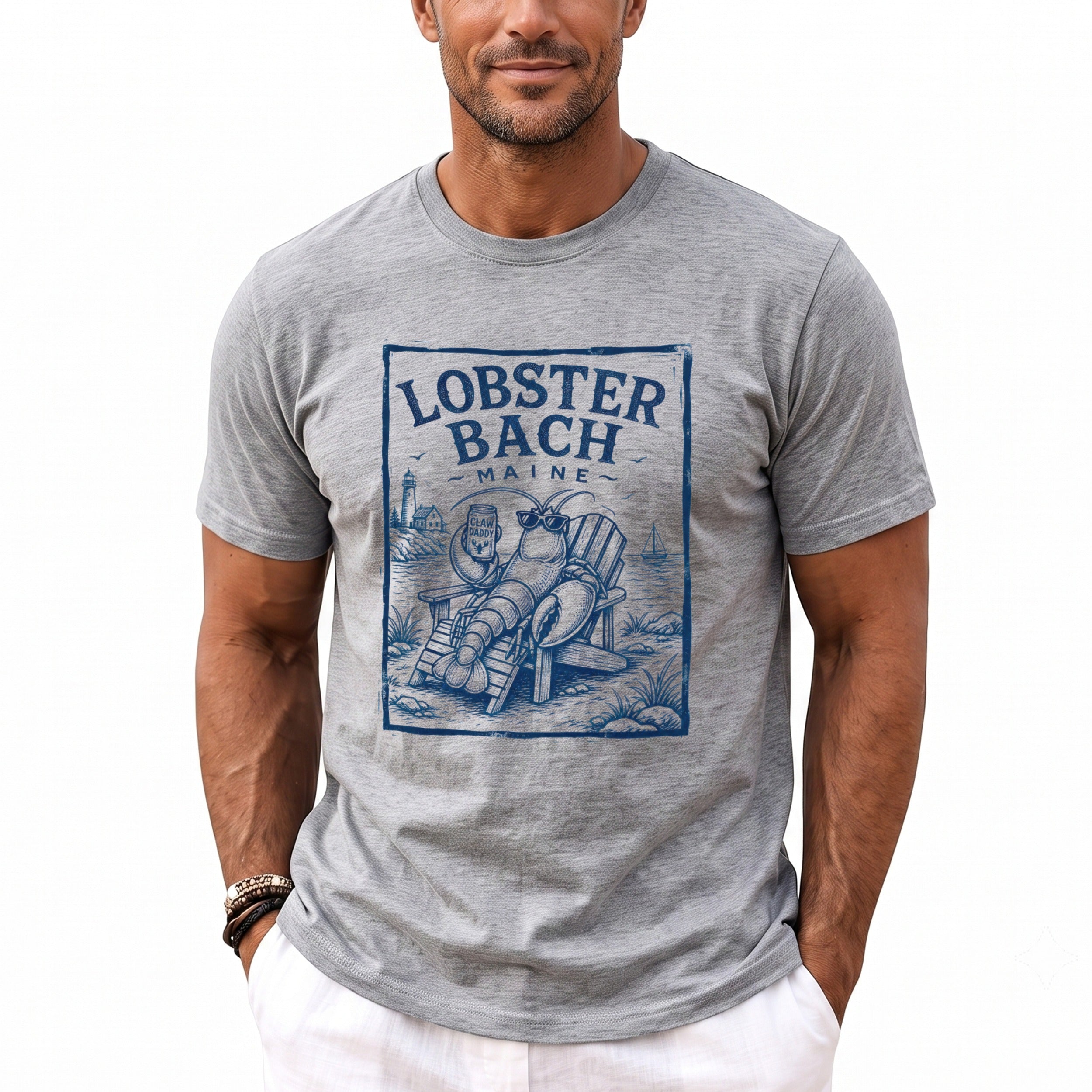 Grey t-shirt with blue graphic of a lobster sitting in a chair with "Lobster Bach Maine" text.