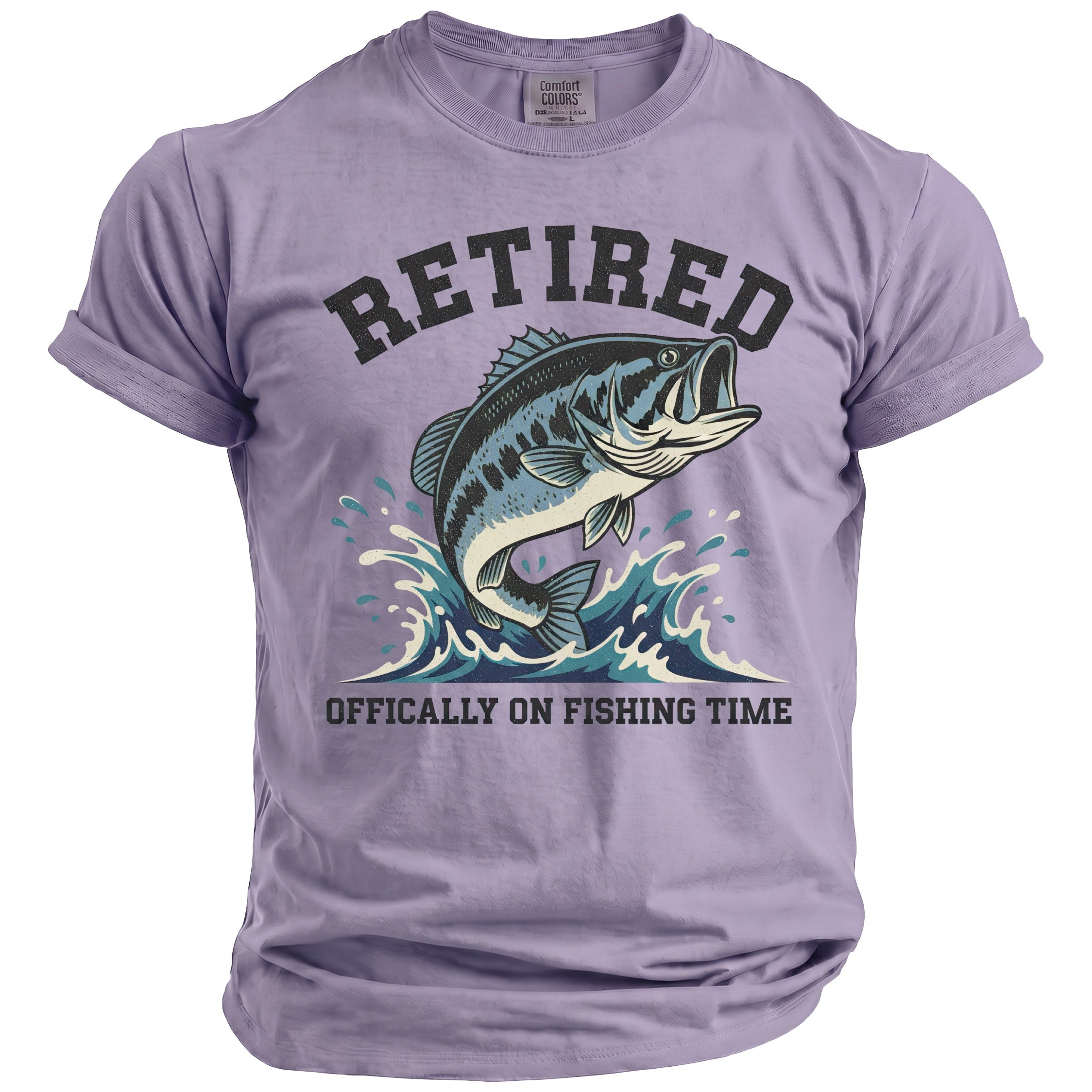 Lavender t-shirt with "RETIRED OFF-ICALLY ON FISHING TIME" and a jumping bass.