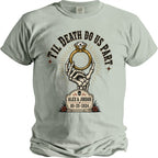 Shirt with skeleton hand holding ring and tombstone reading "Til Death Do Us Part."