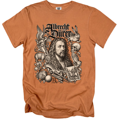 T-shirt with Albrecht Dürer's portrait surrounded by symbolic elements.
