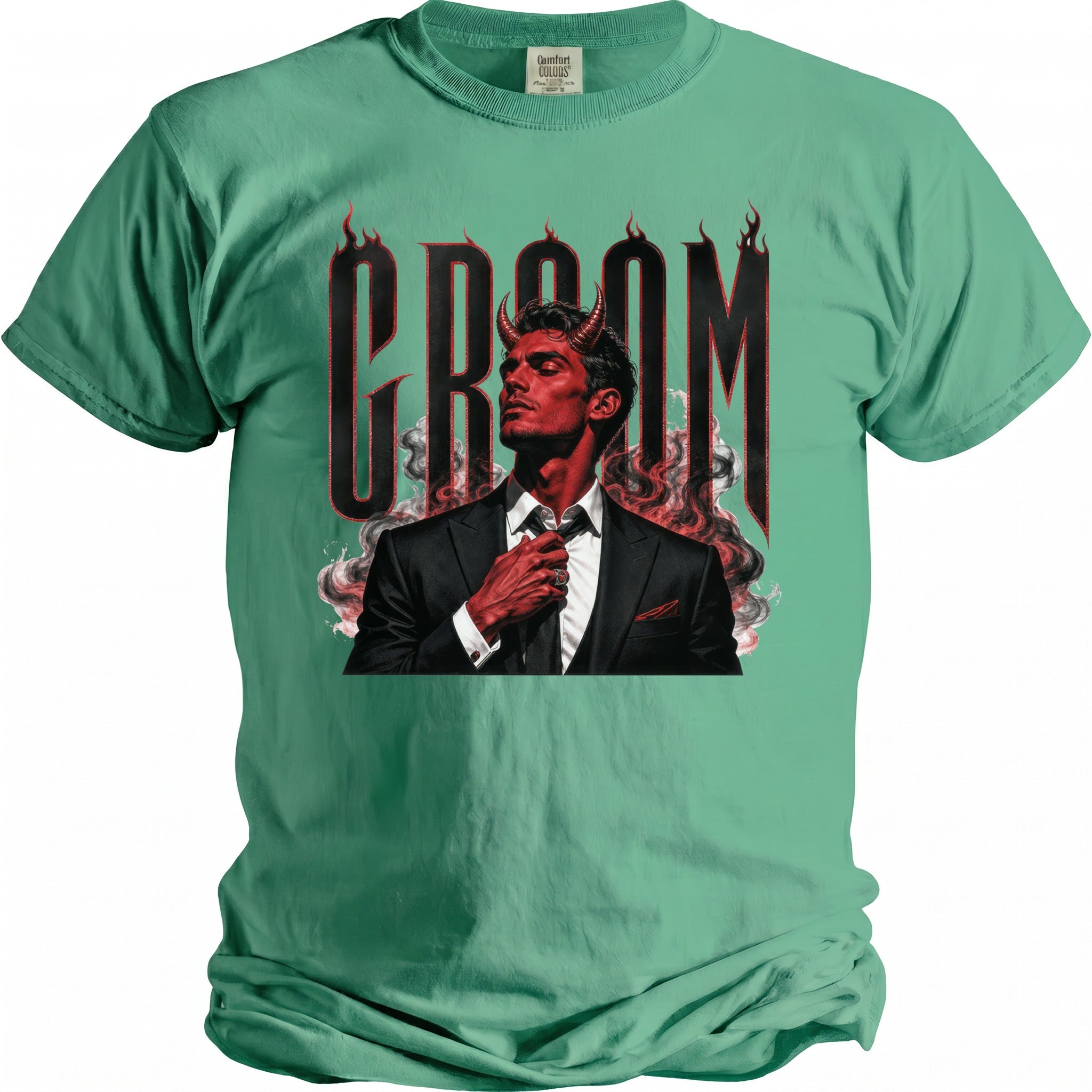 Green t-shirt with "Groom" text and a devilish man in a suit adjusting his tie.