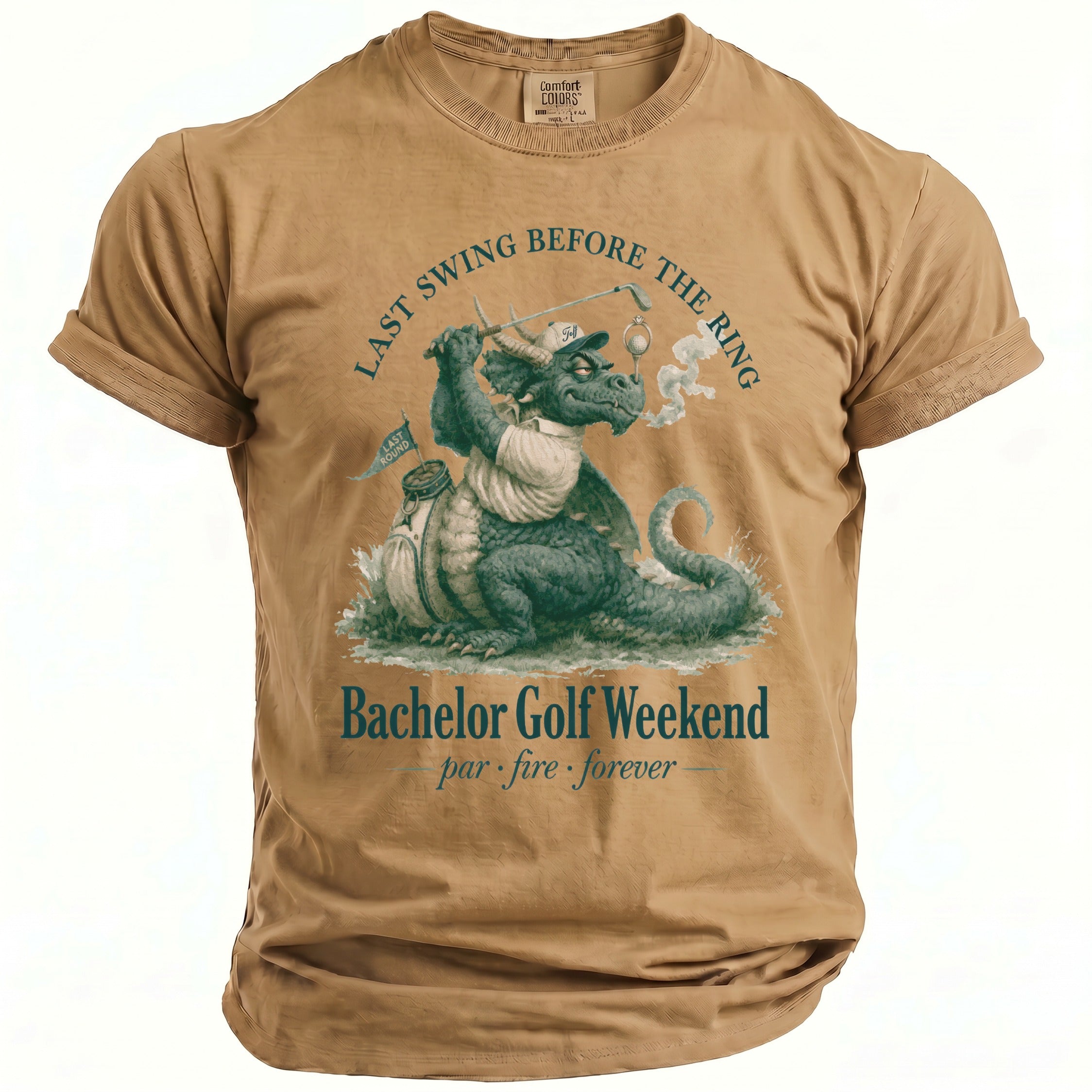 T-shirt with dragon teeing off and text "Bachelor Golf Weekend" and "par fire forever".