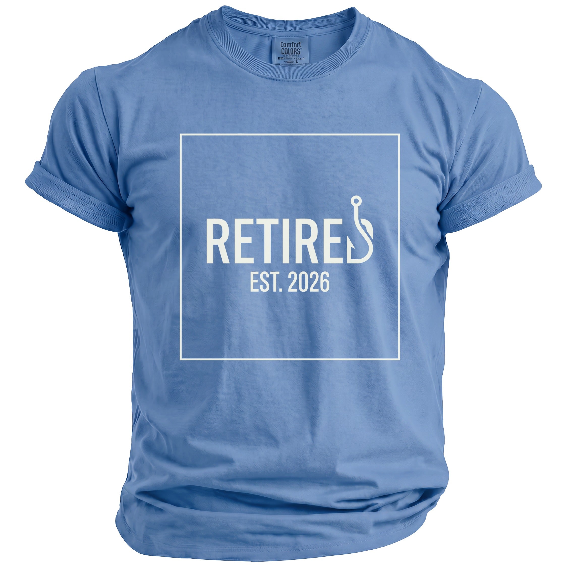 Blue t-shirt with "Retired Est. 2026" and fishing hook graphic.